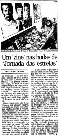 O Globo, 28 de abril de 1991. Matéria sobre lançamento do zine "Jornada nas Estrelas: Terminal de Comunicações".